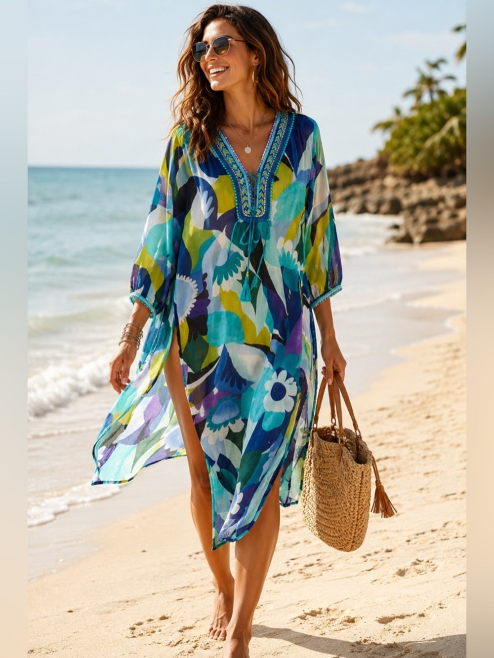 Derhy Women’s L Aude Colorful Blue Multi  Floral Embellished Beach Coverup Tunic